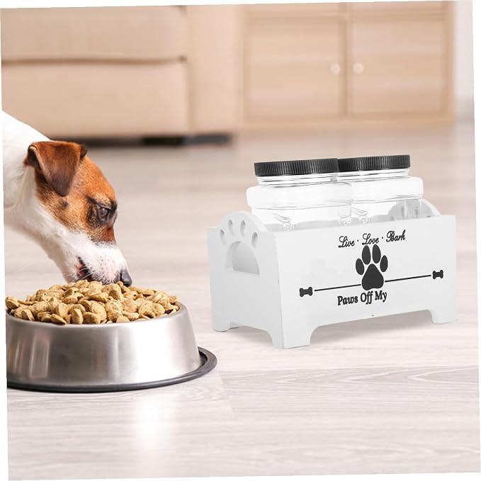 HOMSFOU Wooden Dog Treat Container Box with Airtight Lid and Double Jars, Pet Food Storage Organizer for Household Use, White Crate Suitable for Dog Snacks and Biscuits