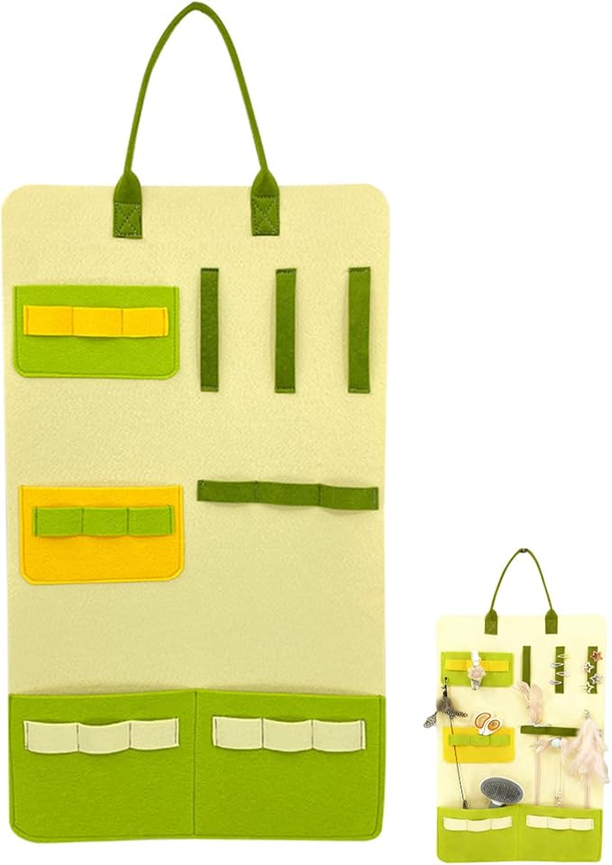 Indoor Cat Toy Organizer Bag Wall Hanging Cat Teaser Wand Holder Large Capacity Durable Felt Storage for Pet Supplies Green One Size