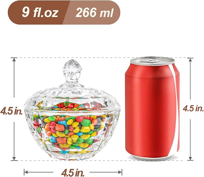 ComSaf 9oz Glass Candy Dish with Lid for Office Desk Small Jar Crystal | Covered Candy Storage, Coffee Table Office Desk Bathroom Vanity Decor, Countertop Display, Small Size, Wedding Favors