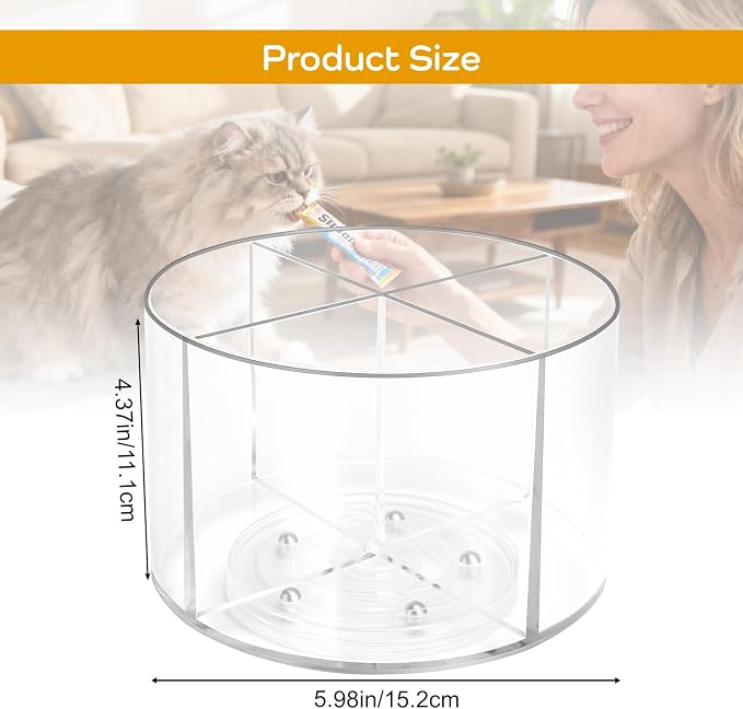 Lickable Cat Treats Organizer, Lazy Susan Acrylic Squeeze Up Cat Treats Storage Organizer with 4 Compartments, Wet Cat Treats Storage for Kitchen Cabinet Pantry Shelf Countertop