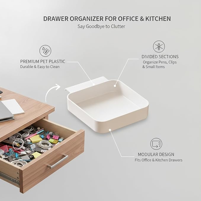 White PET Plastic Drawer Organizer Bin with Dividers for Office Desk and Kitchen Storage - Durable Small Item Separator (1 Piece)