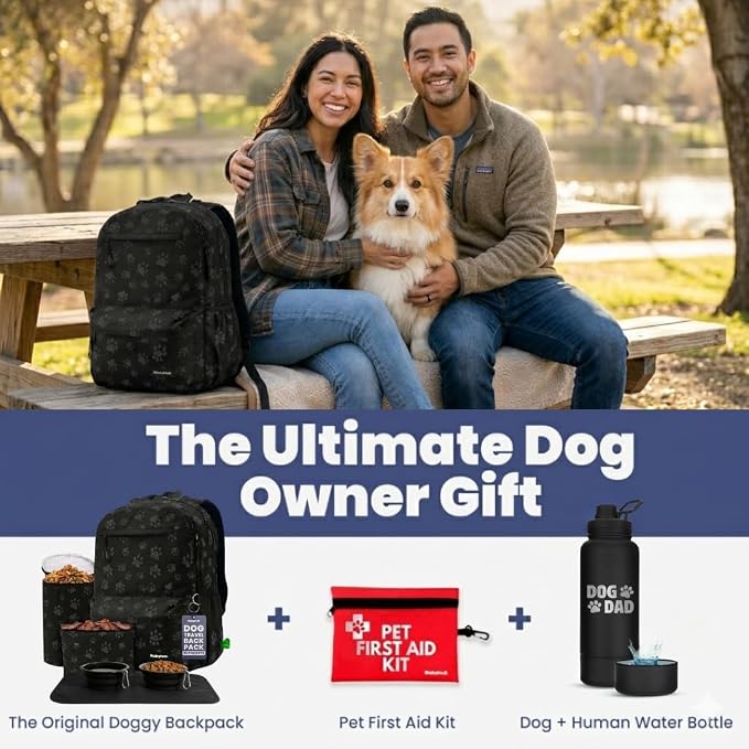 Dog Travel Backpack for Supplies - Dog Diaper Bag with Travel Bowls | 2 BPA-Free Bowls; Food Container & Treat Pouch; Placemat; Laptop Sleeve; Poop Bag Dispenser, Hiking, Camping & Road Trips,
