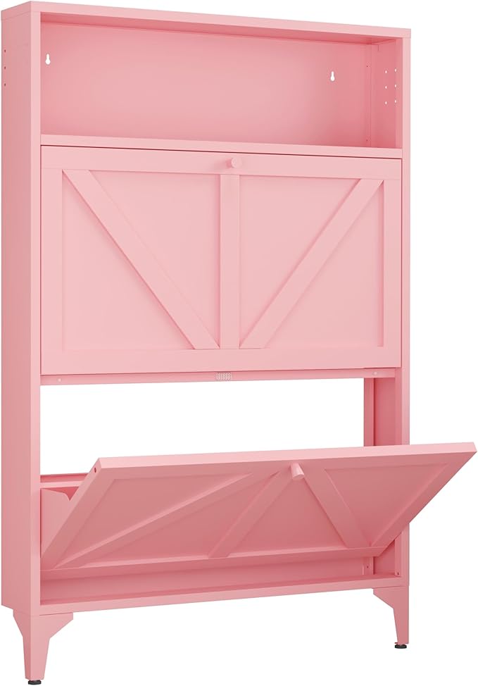 Shoe Cabinet with 2 Flip Drawers, Narrow Shoe Storage Cabinet, Farmhouse Shoe Organizer, Freestanding Organizer with Metal Legs for Entryway, Foyer (Pink, 2 Door)