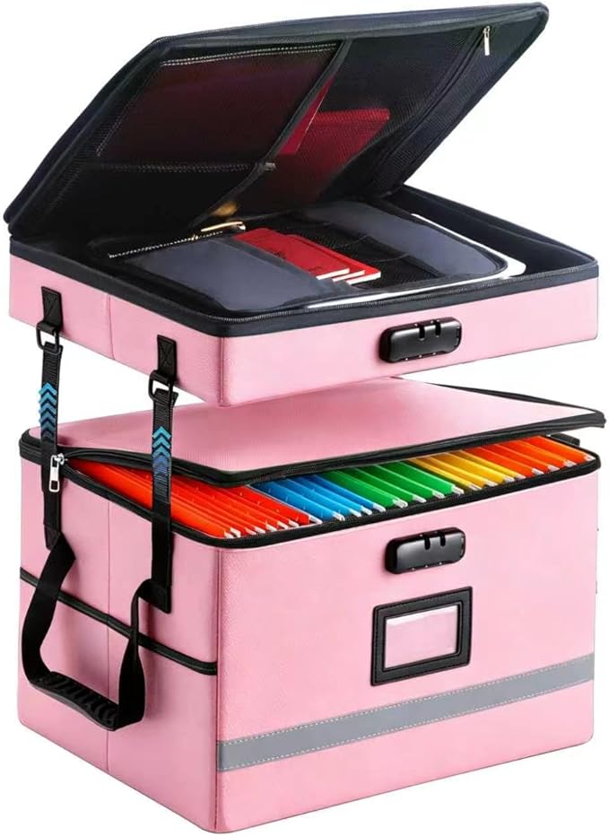 EXLIFBAG 2 Layer File Box with Lock, Portable Document Organizer Box with Handle, Fireproof File Box for Home Office, Legal File Organizer Storage