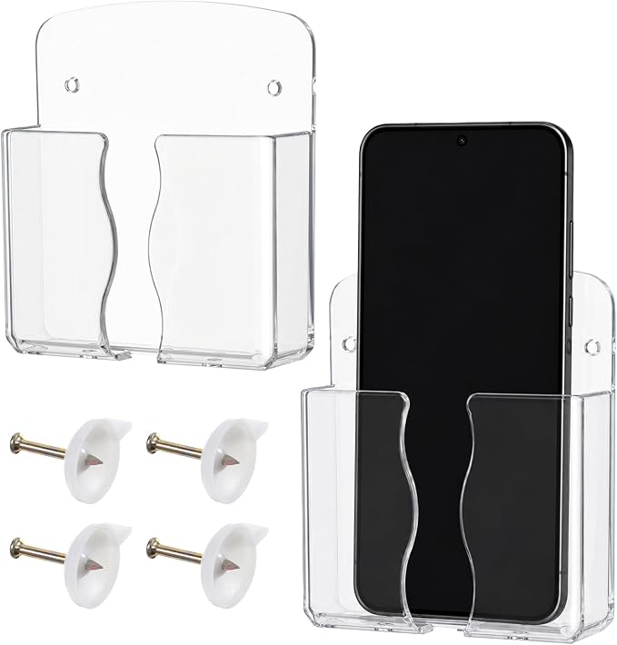 2 Pack Adhesive Phone Holder Wall Mount with Charging Hole Clear Universal Phone Holder for Wall, Adhesive Backing with Screws for Installation, for Bedroom Bathroom Kitchen and Office