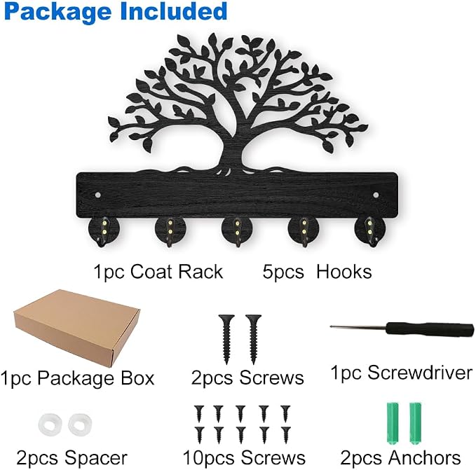 MAYJOYDIY Tree of Life Coat Rack Wall Mount 11.8×7.9inch Lush Tree Key Holder for Wall Decorative Wood Black Key Rack Hanger 5 Alloy Hooks for Wall Art Decor Entryway Front Door Gift