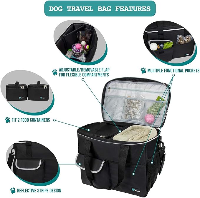 PetAmi Dog Travel Bag Organizer, Pet Supplies Tote Diaper Bag, Black Large | Pet Travel Kit with 2 Food Containers & 2 Collapsible Dog Bowls, Luggage Sleeve, Weekend Getaway Road Trip Camping Essentials
