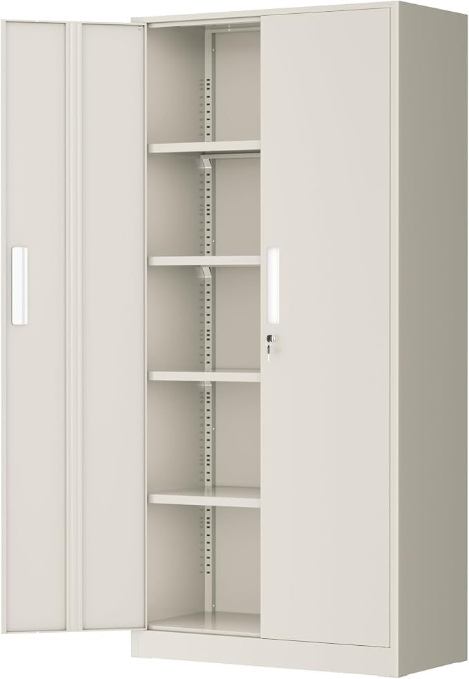 Greenvelly Metal Storage Cabinets, 72” Steel Garage Storage Cabinet with Doors and 4 Shelves, Metal Tool Cabinet, Steel Filing Cabinet for Home Office, Basement, Garage, School(Grey)