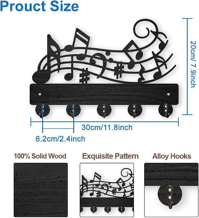 MAYJOYDIY Music Notes Coat Hook Wall Mount 11.8×7.9inch Wood Musical Key Holder for Wall Key Hanger Wall Art Decor 5 Alloy Hooks Black Hook Rack Hat Towel Holder for Entryway Living Room Gift