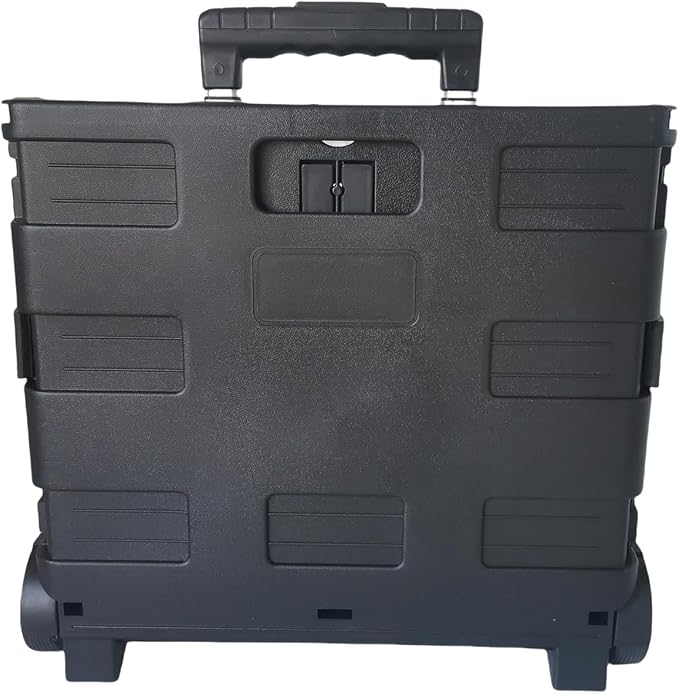 SECO Large Foldable Rolling Crate | Plastic Storage Box with Wheels | Black | Large Foldable Rolling Crate | 77 lb Capacity | Telescopic Handle | Smooth-Rolling Wheels | Flat Storage