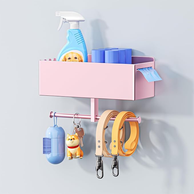 Dog Leash Holder for Wall, Dog Leash Hooks, Pet Stuff Organizer with Shelf Storage, Metal Key Holder, Leash Hangers Organizer Rack for Pet Collar, Toys, Treats, Poop Bag (Rose Gold)