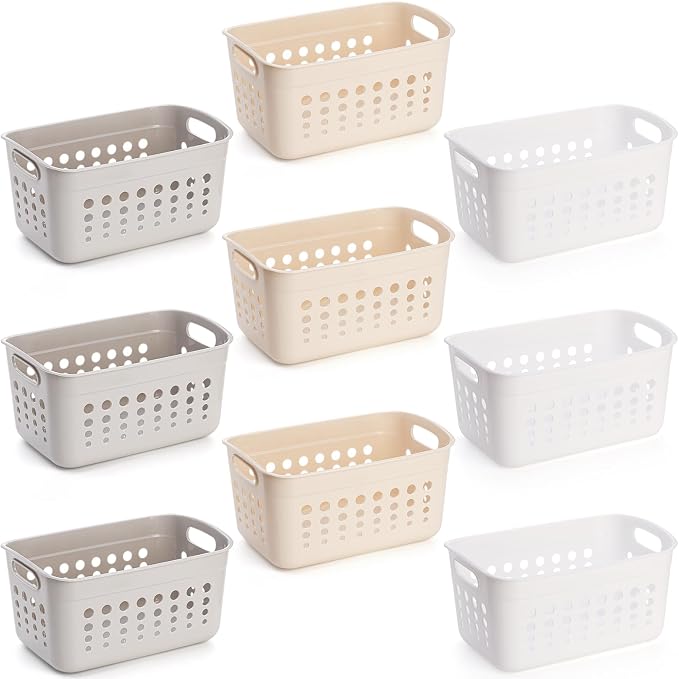 9 Pack Plastic Storage Basket, Small Pantry Organizer Basket Bins, Rectangular Storage Tray Baskets Container with Handle for Shelf, Household, Desktop (Beige, White, Gray)