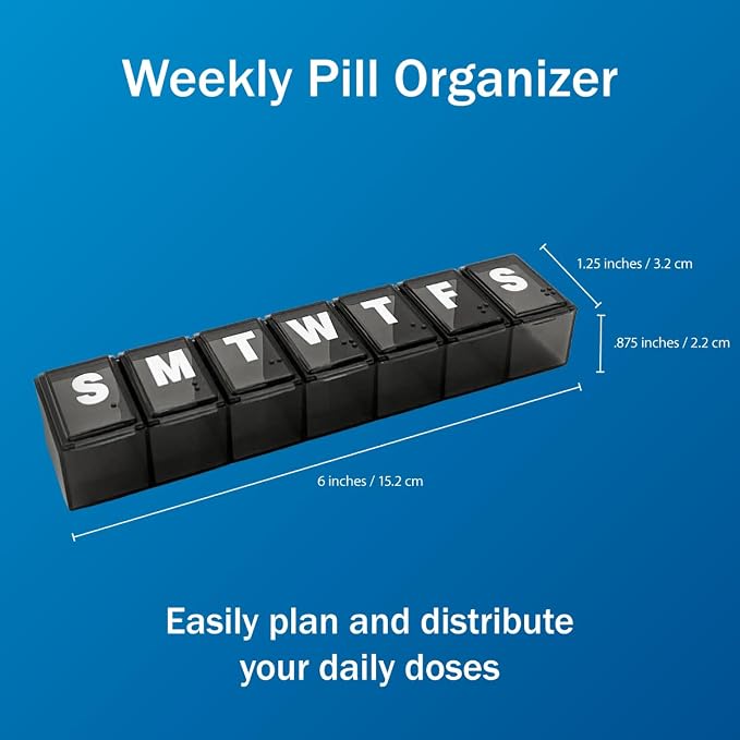 Amazon Basic Care Weekly (7-Day) Pill Organizer, Vitamin Planner, And Medicine Box, Medium Compartments, Black