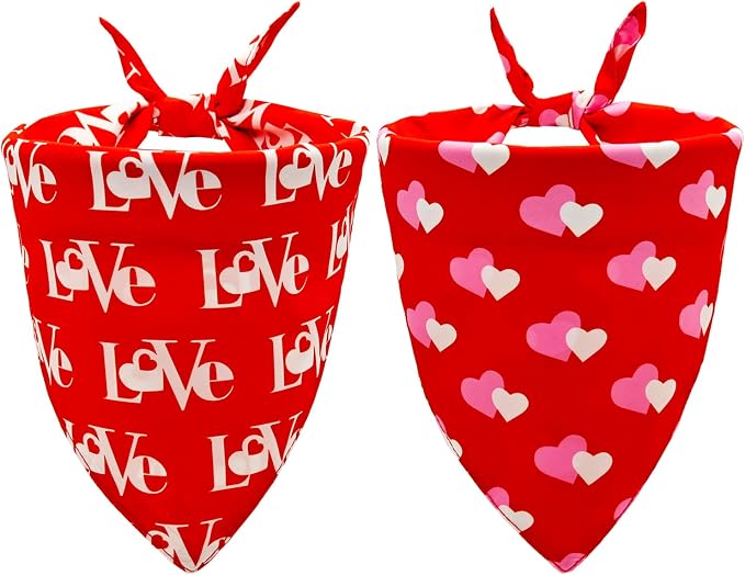 Valentines Dog Bandanas 2PCS-Small,Love Pet Scarf for Boys and Girls,Heart Bandana for Weddings,Parties,and Holidays,Dog Outfit Gifts for Small Dogs and Cats(Red)