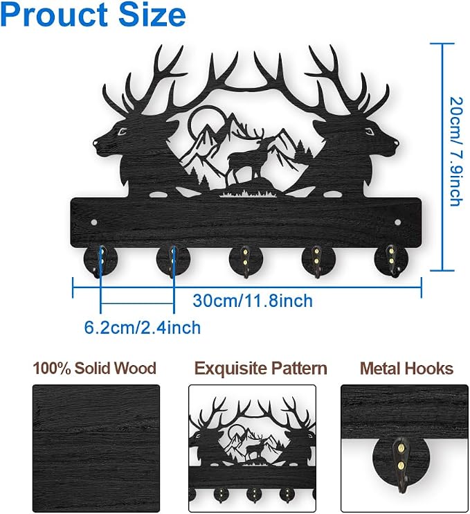 MAYJOYDIY Deer Mountain Forest Coat Hooks Wall Mounted 11.8×7.9inch Black Wooden Deer Key Holder for Wall 5 Alloy Hooks Wall Art Decor Deer Hangers for Towel Key Kitchen Bedroom Entryway Gifts