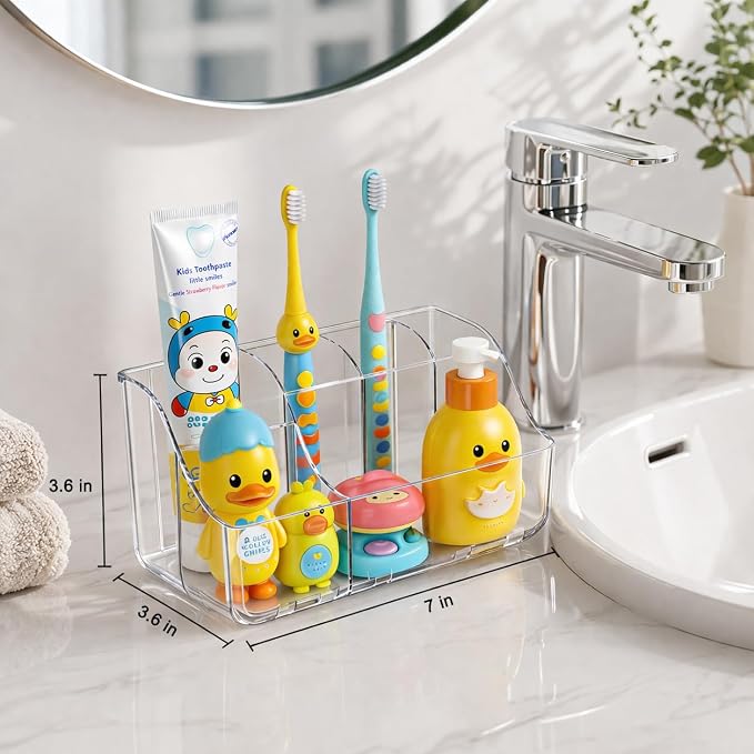 Sotfamily Clear Kids Toothbrush Holders for Bathrooms, 2-Pack(No-Drill) | Space-Saving Wall-Mounted Tooth Brush & Toothpaste Holder for Bathroom Countertop or Wall, Bathroom Organizers and Storage
