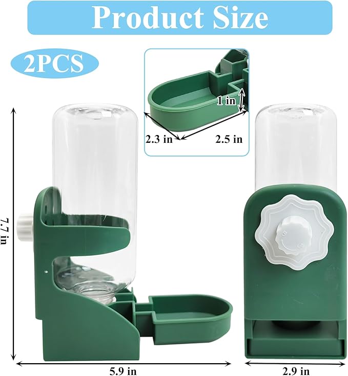 kathson 2 PCS Rabbit Water Dispenser for Cage 17 Oz Hanging Guinea Pig Water Bottle No Drip Gravity Automatic Bunny Water Bottle No Leak Small Animal Water Bottle for Chinchilla Ferret Hamster（Green）