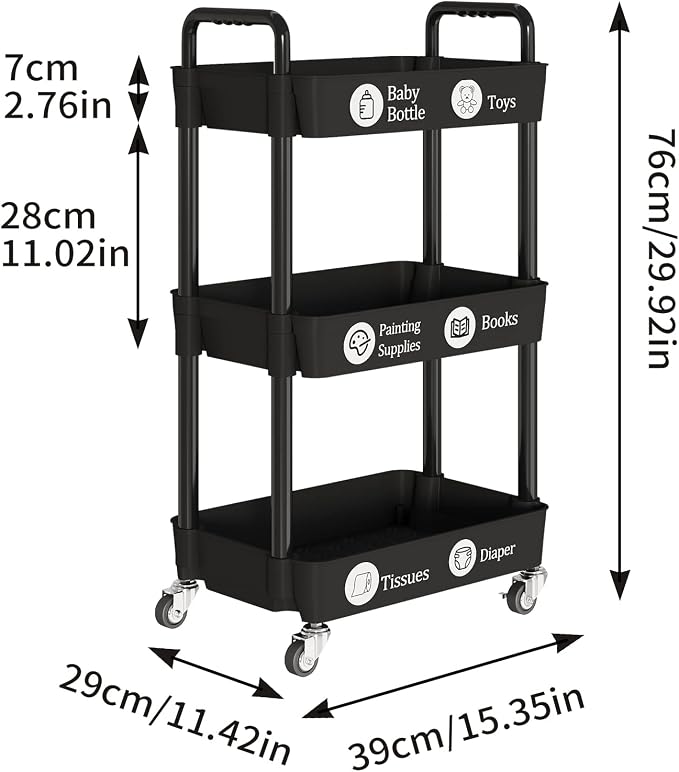Laiensia 3-Tier Storage Carts,Multifunction Utility Rolling Cart Kitchen Storage Organizer,Mobile Shelving Unit Cart with Lockable Wheels for Bathroom,Laundry,Living Room,With Classified Sticker,Black