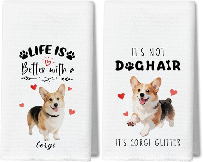 WwongxianB Corgi Kitchen Towels Decorative Set of 2, Funny Tea Towel Hand Towels Highly Absorbent Dish Cloths 16x24 Inches, Bathroom Decor, Corgi Gifts for Dog Lovers -05