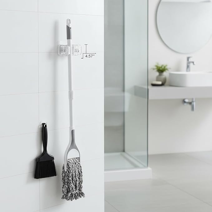 Clear Adhesive Mop Holder for Wall, No-Drill PET Plastic Hook for Brooms & Cleaning Tools, Compact Storage for Bathroom & Kitchen Tiles (1 Pack)