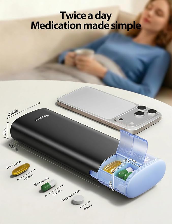 Vaydeer Metal 7 Day Travel Pill Organizer 2 Times a Day, Built-in Desiccant | AM PM weekly Travel Pill Case, Twice-Daily，Airtight Large Capacity Pill Box for Vitamins, Medication, Supplements & Fish Oil