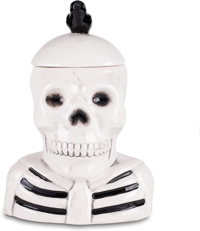 Dolomite Ceramic 12 x 8.5 Halloween Cookie & Candy Jar with Airtight Lid: Perfect for Kitchen Canisters, Pet Treat Containers & Fall Decorative Candy Dish, Skeleton with a Crow