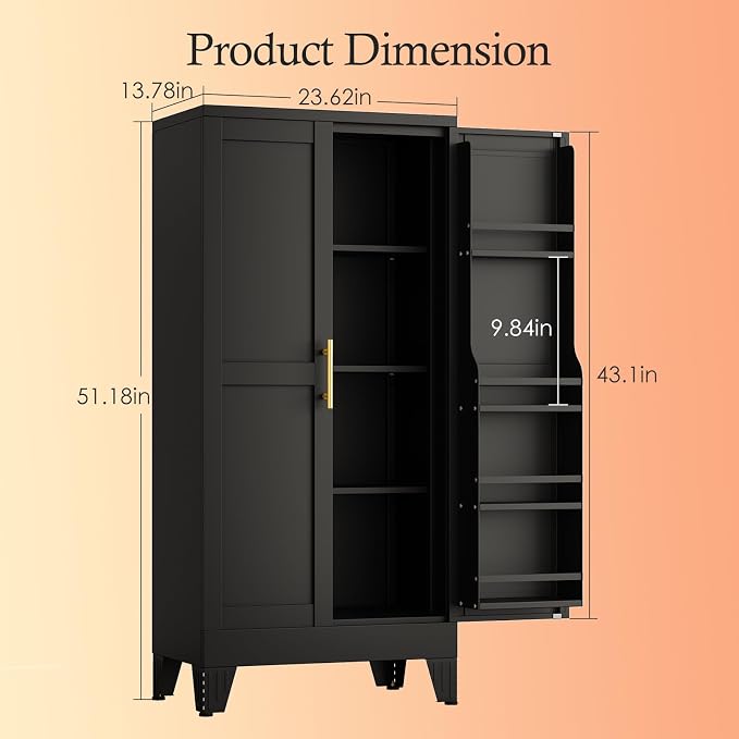 Black Kitchen Pantry Storage Cabinet, 48" Metal Storage Cabinet | Steel Storage with Doors and 3 Adjustable Shelves, Metal Freestanding Buffet Cupboards Sideboard, for Office, Home, School