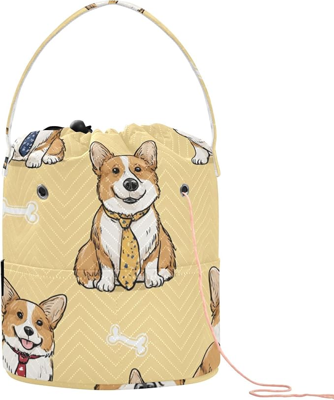 Tatenale Crochet Bag Yarn Bag Knitting Project Bag with Pockets and Handle Portable Yarn Storage Organizer Tangle Free 8.3x11 InchYellow Cute Corgi and Bones42