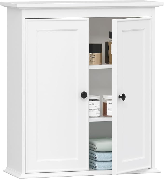 Spirich Bathroom Wall Cabinet, White Medicine Cabinet with 2 Doors | 2 Adjustable Shelves, Shaker Doors & Black Knobs, Compact Wall Storage for Bathroom, Kitchen & Laundry Room