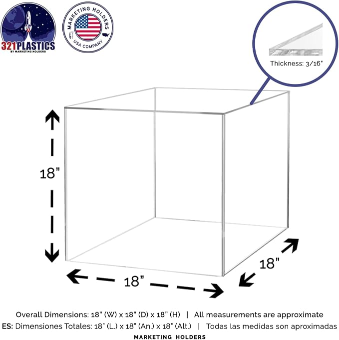 18 Inch Clear Acrylic Display Box with One Open Side No Lid Versatile Square Lucite Merchandise Storage Bin or Retail Product Riser No Assembly by Marketing Holders