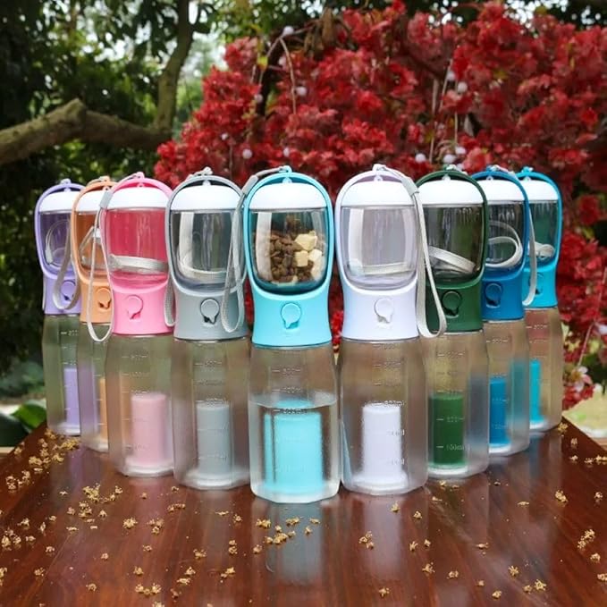 Three-in-one Portable Multi-Functional Pet Cup (Includes 1 Roll of Poop Bag) (Capacity 20 oz Water, 100 gm Food) (Pink)
