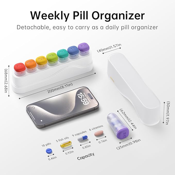 KOVIUU Weekly Pill Organizer 1 Time a Day, Detachable Pill Box 7 Day, White | Travel Pill Case | Once Daily Medication Dispenser | Week Pill Holder Container for Vitamin, Medicine, Supplement | BPA-Free
