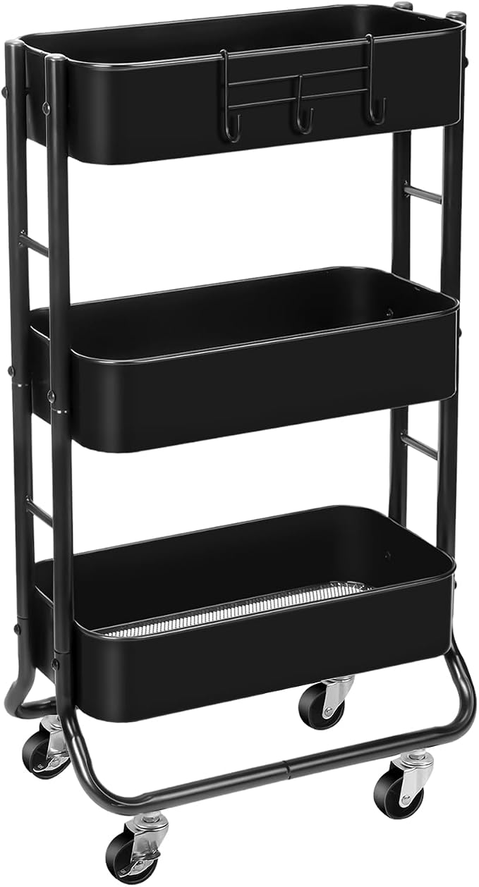 MAX Houser Slim 3-Tier Rolling Utility Cart with Extra Hook, Black | Narrow Metal Bathroom Storage Multifunctional Organizer Carts with Wheels with Extra Hook, Laundry Room,Kitchen,Small Space