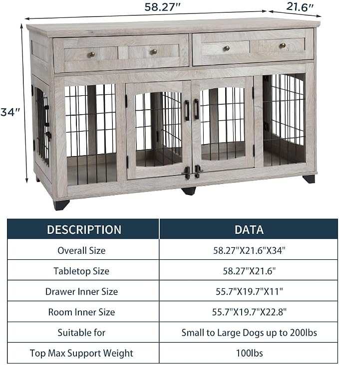 GarveeHome Large Dog Crate Furniture with 2 Drawers and Removable Divider | Two storage drawers, removable center divider, indoor housing for two medium large dogs