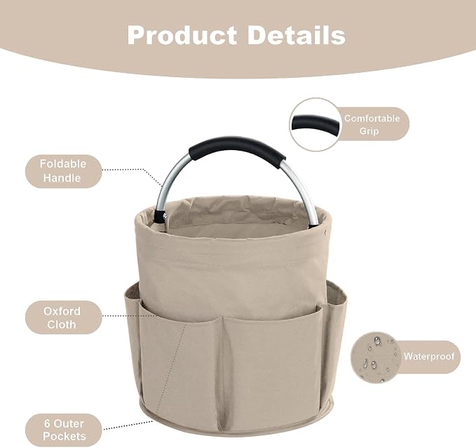 17L Cleaning Caddy with Handle, Cleaning Supplies Organizer, Foldable Storage Basket, Cleaning Supply Caddy, Portable Multi Cleaning Bucket Bag for Home, Garden (Khaki)