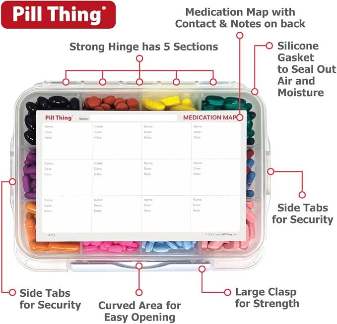 12 Compartment Large Pill Case with Airtight Seal - Silicone Gasket Waterproof Med Box with Medication Map & Medical Alert Card (Clear, 2 Pack)