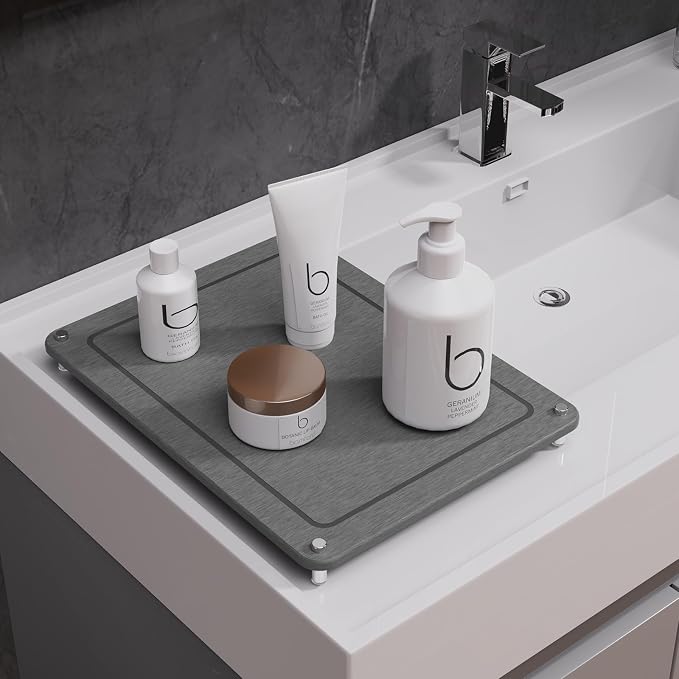 Dish Drying Stone, Water Absorbing Stone Dish Drying Mats for Kitchen Counter, Non-Slip Stone Drying Sink Tray Pad for Dish Bottles Cups, Diatomaceous Earth Sink Caddy Organizer, Grey