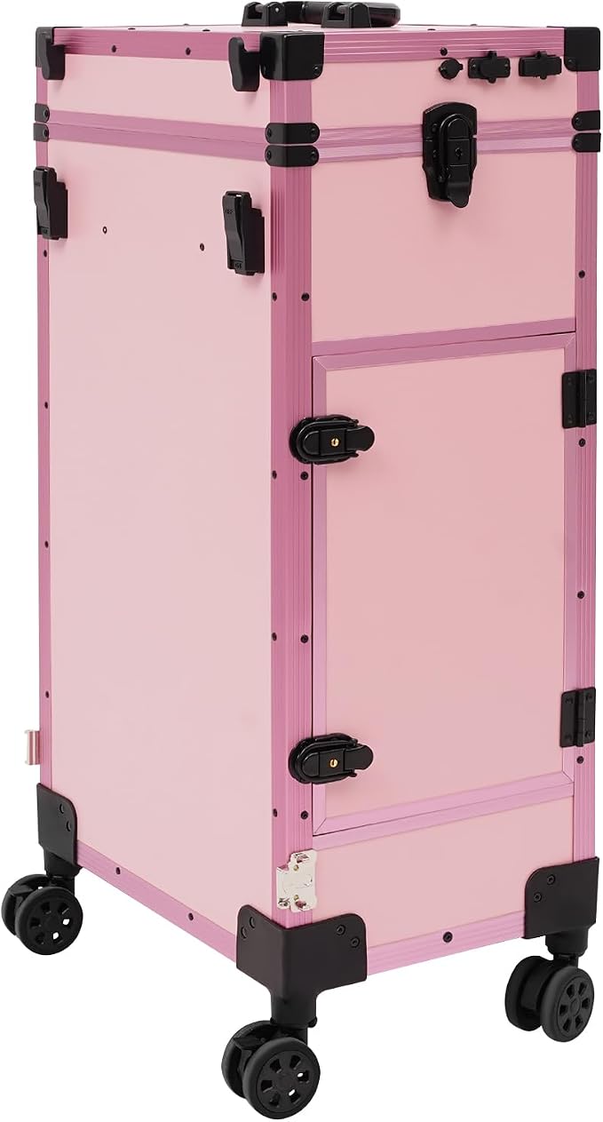 Professional Cosmetic Trolley Storage Organizer, Foldable Nail Tables Travel Cosmetic Trolley Storage Organizer w/ 4 Drawers Mirror & Speaker for Hair Stylists Pet Groomers Makeup (Light Pink)