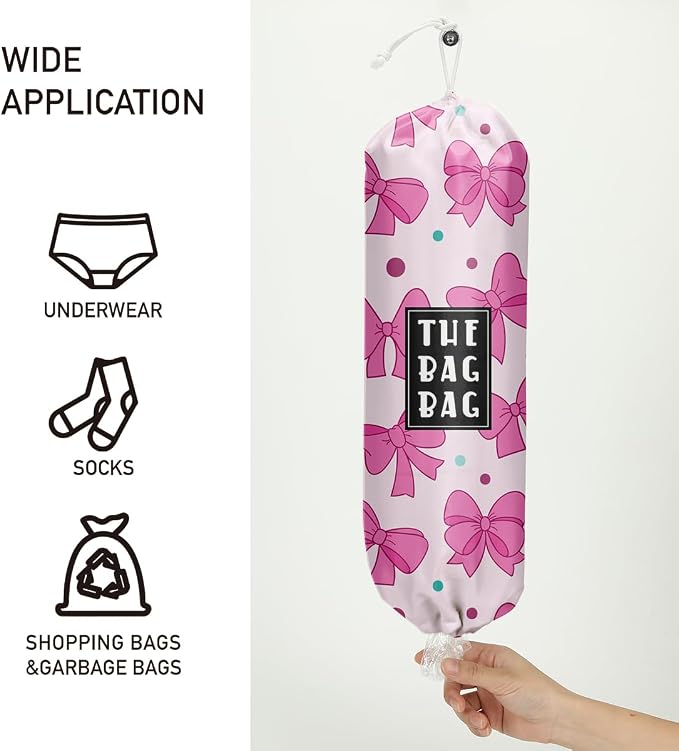 Plastic Bag Organizer,Reusable And Washable Girly Cute Style Grocery Bag organizer,for Home Kitchen Travelling Camping Decor, use 1 Pack,Pink Bow Pattern