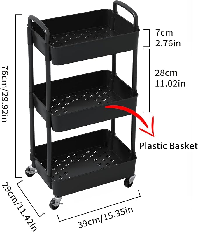 Sywhitta 3-Tier Plastic Rolling Utility Cart with Wheels for Storage,Black | Multi-Functional Storage Trolley, for Office, Living Room, Kitchen, Bathroom,Movable Organizer,Space-Saving,Easy to assemble