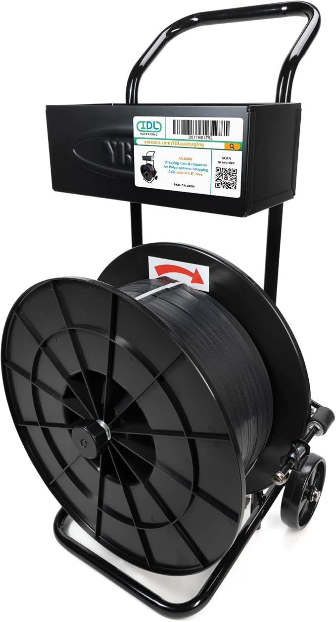 IDL Packaging Strapping Cart & Dispenser for PP Strapping (8" x 8" Core) | CA-240H for Polypropylene (PP) Coils - Durable Sturdy Tube Frame - Spacious Tray for Cutter, Buckles and Gloves