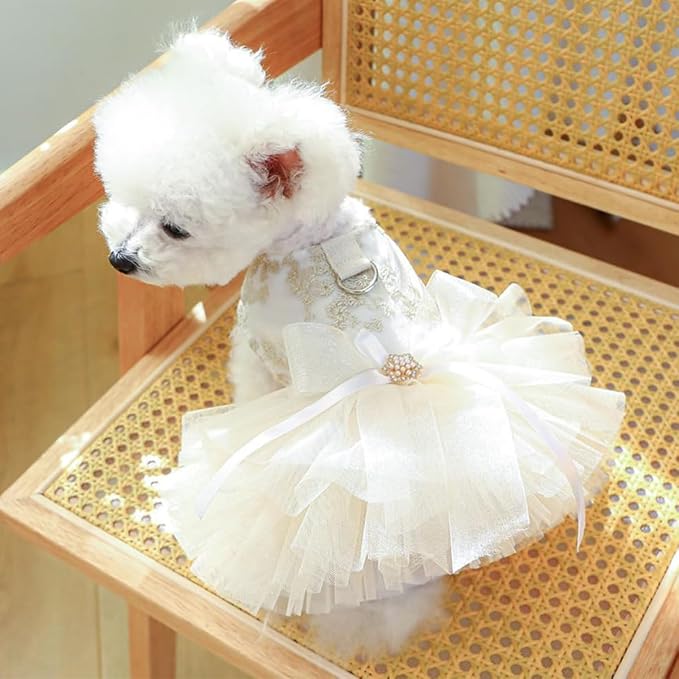 Princess Dog Wedding Dress - Embroidered Gown with Fluffy Tutu Skirt & Leash D-Ring, Formal Party Outfit for Small Dogs & Cats Like Chihuahua Yorkie (White Bow-Princess, Medium)
