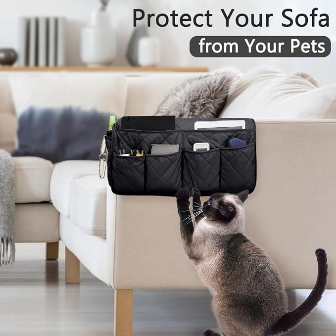 Sofa Armrest Organizer Non-Slip Arm Chair Bedside Caddy Storage Organizer for Recliner Couch with 14 Pockets for Cell Phone TV Remote Control Magazines (Black)