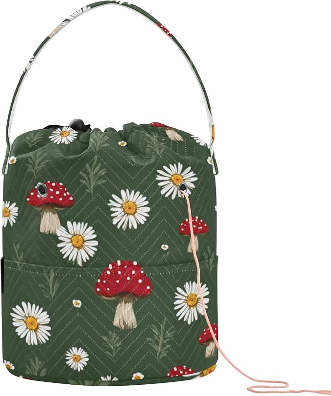 Tatenale Crochet Bag Yarn Bag Knitting Project Bag with Pockets and Handle Portable Yarn Storage Organizer Tangle Free 8.3x11 InchBoho Mushroom Daisy Green08