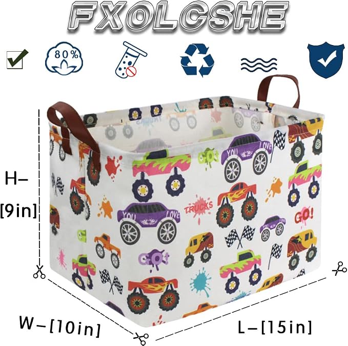 Rectangular storage Basket with Handles Basket,Cute Pattern Storage Bin,Kids Toy Bin Foldable Nursery Laundry Basket for Kids(Racing car)