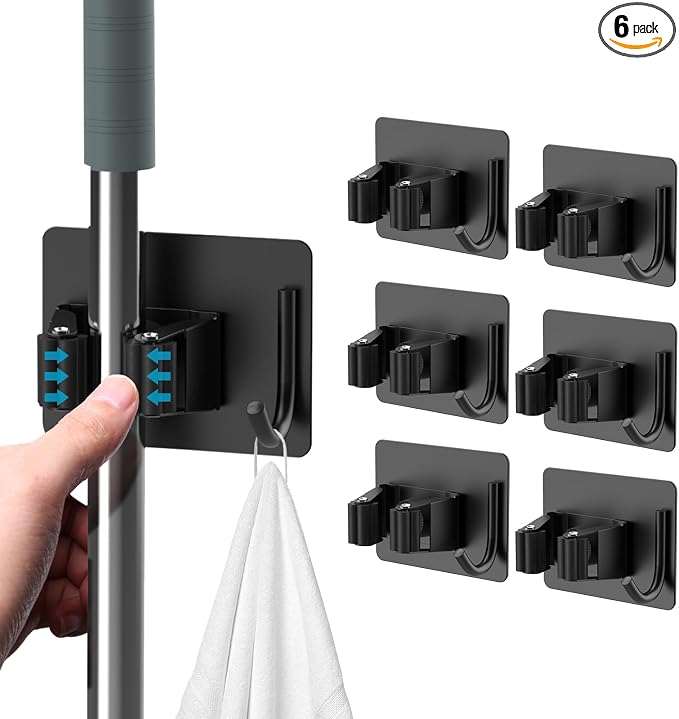 homeasy Broom Holder Wall Mount 6Pcs, Self Adhesive Mop Broom Hanger Black | Self adhesive stainless steel broom organizer with 4 hooks, holds mops, brooms and garden tools without drilling
