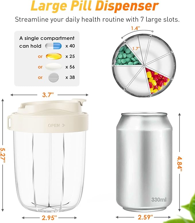Large Pill Dispenser to Store 7 Various Supplements - Pill Organizer & Supplement Organizer for Travel, Anti-Mixing Design, with Strap & 20 Sticky Labels （Off-White）