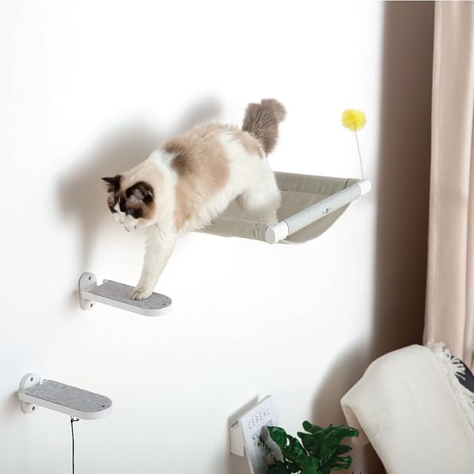 (2-PACK Cat Wall Steps, Cat Climbing Stairs with Replaceable Felt Pad, Cat Climbing Shelves for Wall Mounted with Cat Toy, Cat wall furniture for Kitten, Medium and Large Cats (White)
