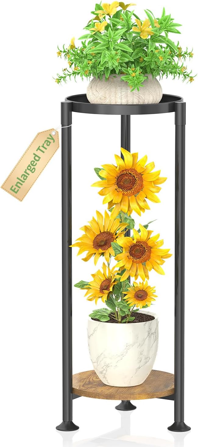 KMOTASUO 2 Tier Metal Plant Stand Tall for Indoor Outdoor Corner, Modern Black