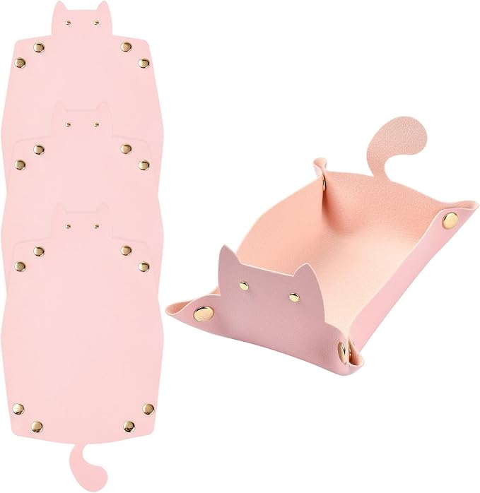 Craftdady 4 PCS Leather Valet Tray Foldable Pink Cat-Shaped Catchall Tray